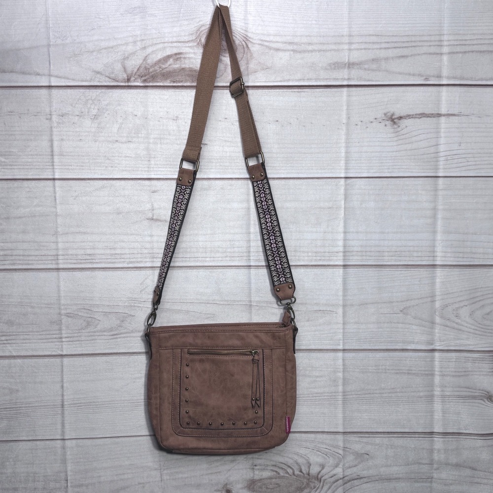 Unionbay Brown Faux Leather Studded Crossbody Bag with Embroidered Strap Womens